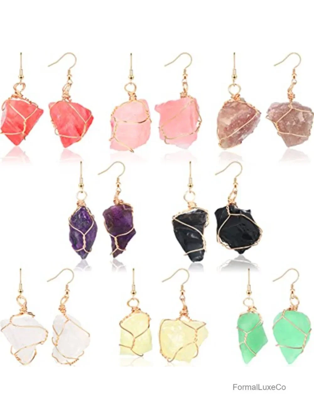 8 Pairs Handmade Crystal Drop Earrings Natural Raw Amethyst Dangle Wire Wrapped